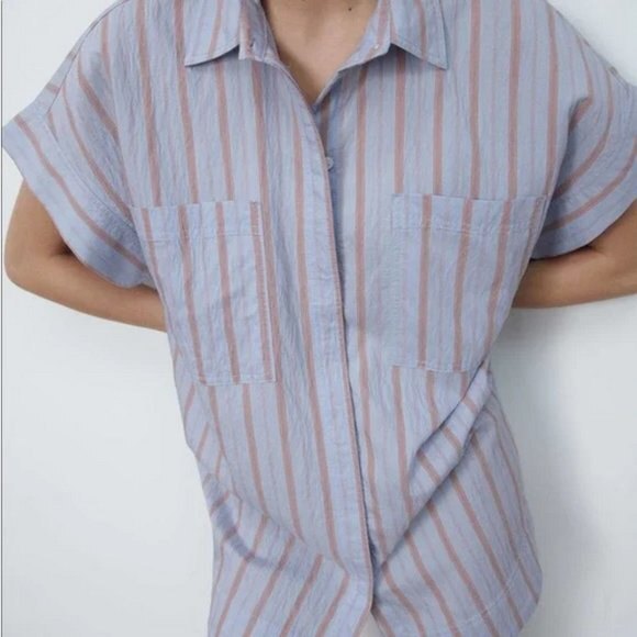 Striped Zara Button Front High Low Short Sleeve Oversized Shirtdress (NWT) - Picture 3 of 6